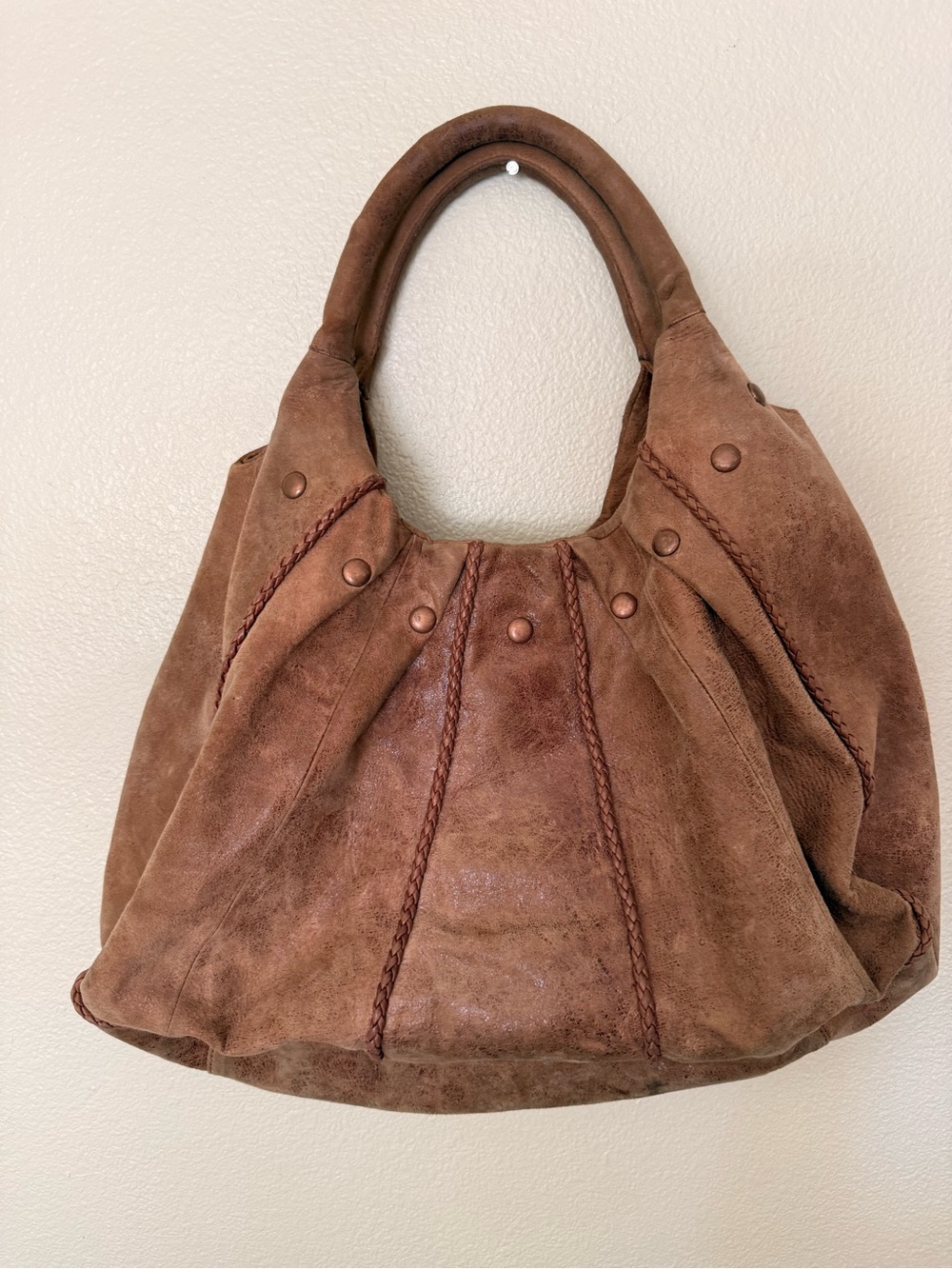 Soft Brown Suede Hobo Handbag with Braided Trim